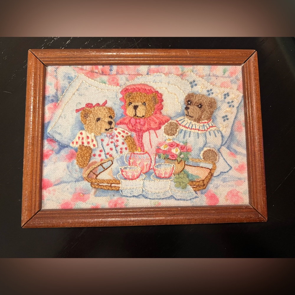 Hand Crafted Teddy Bear Tea Party Wall Art - Brown, Red, Blue